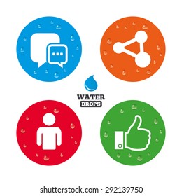 Water drops on button. Social media icons. Chat speech bubble and Share link symbols. Like thumb up finger sign. Human person profile. Realistic pure raindrops on circles. Vector