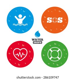 Water drops on button. SOS lifebuoy icon. Heartbeat cardiogram symbol. Swimming sign. Man drowns. Realistic pure raindrops on circles. Vector