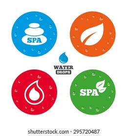 Water drops on button. Spa stones icons. Water drop with leaf symbols. Natural tear sign. Realistic pure raindrops on circles. Vector