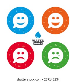 Water drops on button. Speech bubble smile face icons. Happy, sad, cry signs. Happy smiley chat symbol. Sadness depression and crying signs. Realistic pure raindrops on circles. Vector