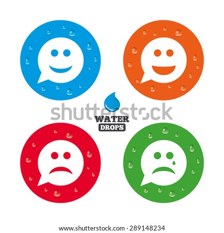 Water drops on button. Speech bubble smile face icons. Happy, sad, cry signs. Happy smiley chat symbol. Sadness depression and crying signs. Realistic pure raindrops on circles. Vector