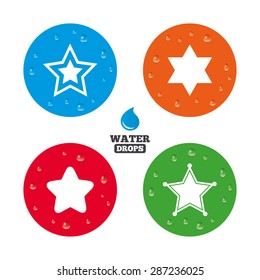 Water drops on button. Star of David icons. Sheriff police sign. Symbol of Israel. Realistic pure raindrops on circles. Vector
