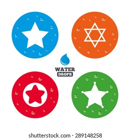 Water drops on button. Star of David icons. Sheriff police sign. Symbol of Israel. Realistic pure raindrops on circles. Vector