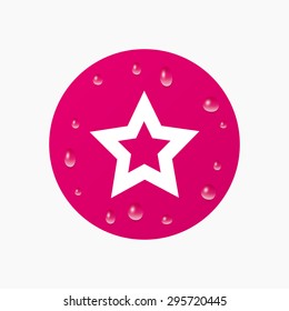 Water drops on button. Star sign icon. Favorite button. Navigation symbol. Realistic pure raindrops. Pink circle. Vector