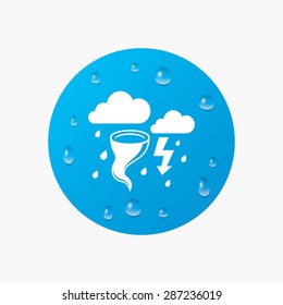 Water drops on button. Storm bad weather sign icon. Clouds with thunderstorm. Gale hurricane symbol. Destruction and disaster from wind. Insurance symbol. Realistic pure raindrops. Blue circle. Vector
