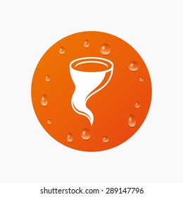 Water drops on button. Storm sign icon. Gale hurricane symbol. Destruction and disaster from wind. Insurance symbol. Realistic pure raindrops. Orange circle. Vector