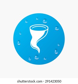 Water drops on button. Storm sign icon. Gale hurricane symbol. Destruction and disaster from wind. Insurance symbol. Realistic pure raindrops. Blue circle. Vector