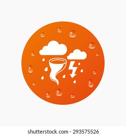 Water drops on button. Storm bad weather sign icon. Clouds with thunderstorm. Gale hurricane symbol. Destruction and disaster from wind. Insurance symbol. Realistic pure raindrops. Orange circle.