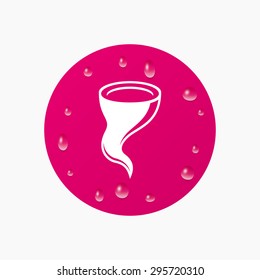 Water drops on button. Storm sign icon. Gale hurricane symbol. Destruction and disaster from wind. Insurance symbol. Realistic pure raindrops. Pink circle. Vector