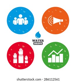 Water drops on button. Strike group of people icon. Megaphone loudspeaker sign. Election or voting symbol. Hands raised up. Realistic pure raindrops on circles. Vector