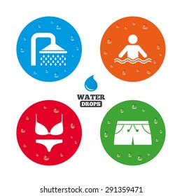 Water drops on button. Swimming pool icons. Shower water drops and swimwear symbols. Human stands in sea waves sign. Trunks and women underwear. Realistic pure raindrops on circles. Vector