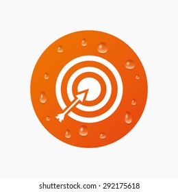Water drops on button. Target aim sign icon. Darts board with arrow symbol. Realistic pure raindrops. Orange circle. Vector