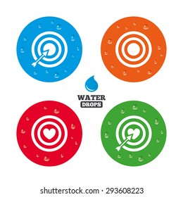 Water drops on button. Target aim icons. Darts board with heart and arrow signs symbols. Realistic pure raindrops on circles. Vector