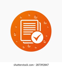 Water drops on button. Text file sign icon. Check File document symbol. Realistic pure raindrops. Orange circle. Vector