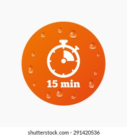 Water drops on button. Timer sign icon. 15 minutes stopwatch symbol. Realistic pure raindrops. Orange circle. Vector