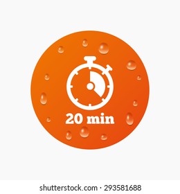 Water drops on button. Timer sign icon. 20 minutes stopwatch symbol. Realistic pure raindrops. Orange circle. Vector