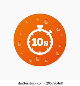 Water drops on button. Timer 10 seconds sign icon. Stopwatch symbol. Realistic pure raindrops. Orange circle. Vector