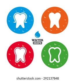 Water drops on button. Tooth enamel protection icons. Dental toothpaste care signs. Healthy teeth sign. Realistic pure raindrops on circles. Vector