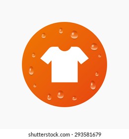 Water drops on button. T-shirt sign icon. Clothes symbol. Realistic pure raindrops. Orange circle. Vector