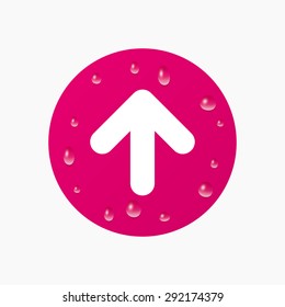 Water drops on button. Upload sign icon. Upload button. Load symbol. Realistic pure raindrops. Pink circle. Vector
