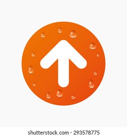 Water drops on button. Upload sign icon. Upload button. Load symbol. Realistic pure raindrops. Orange circle. Vector