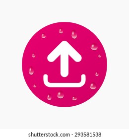 Water drops on button. Upload sign icon. Upload button. Load symbol. Realistic pure raindrops. Pink circle. Vector