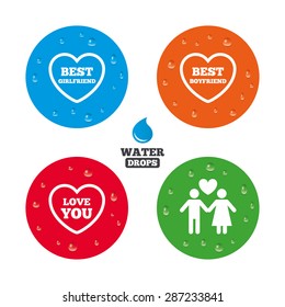 Water drops on button. Valentine day love icons. Best girlfriend and boyfriend symbol. Couple lovers sign. Realistic pure raindrops on circles. Vector