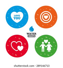 Water drops on button. Valentine day love icons. Target aim with heart symbol. Couple lovers sign. Realistic pure raindrops on circles. Vector