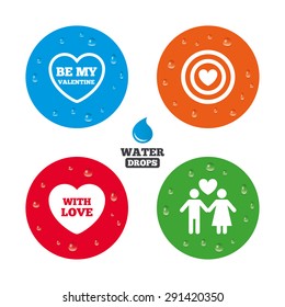 Water drops on button. Valentine day love icons. Target aim with heart symbol. Couple lovers sign. Realistic pure raindrops on circles. Vector