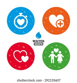 Water drops on button. Valentine day love icons. Love heart timer symbol. Couple lovers sign. Add new love relationship. Realistic pure raindrops on circles. Vector