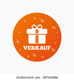 Water drops on button. Verkauf - Sale in German sign icon. Gift box with ribbons symbol. Realistic pure raindrops. Orange circle. Vector