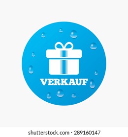 Water drops on button. Verkauf - Sale in German sign icon. Gift box with ribbons symbol. Realistic pure raindrops. Blue circle. Vector