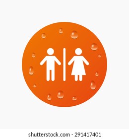 Water drops on button. WC sign icon. Toilet symbol. Male and Female toilet. Realistic pure raindrops. Orange circle. Vector