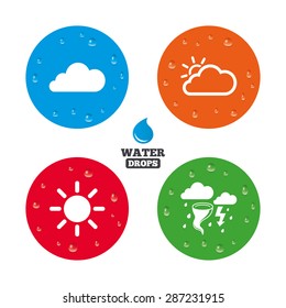 Water drops on button. Weather icons. Cloud and sun signs. Storm or thunderstorm with lightning symbol. Gale hurricane. Realistic pure raindrops on circles. Vector