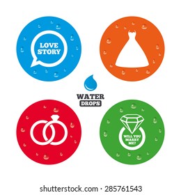 Water drops on button. Wedding dress icon. Bride and groom rings symbol. Wedding or engagement day ring with diamond sign. Will you marry me? Realistic pure raindrops on circles. Vector