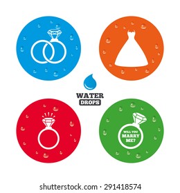 Water drops on button. Wedding dress icon. Bride and groom rings symbol. Wedding or engagement day ring shine with diamond sign. Will you marry me? Realistic pure raindrops on circles. Vector