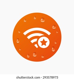 Water drops on button. Wifi star sign. Favorite Wi-fi symbol. Wireless Network icon. Wifi zone. Realistic pure raindrops. Orange circle. Vector