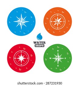 Water drops on button. Windrose navigation icons. Compass symbols. Coordinate system sign. Realistic pure raindrops on circles. Vector