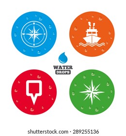 Water drops on button. Windrose navigation compass icons. Shipping delivery sign. Location map pointer symbol. Realistic pure raindrops on circles. Vector