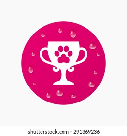 Water drops on button. Winner pets cup sign icon. Trophy for pets. Realistic pure raindrops. Pink circle. Vector