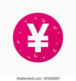 Water drops on button. Yen sign icon. JPY currency symbol. Money label. Realistic pure raindrops. Pink circle. Vector