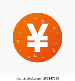Water drops on button. Yen sign icon. JPY currency symbol. Money label. Realistic pure raindrops. Orange circle. Vector