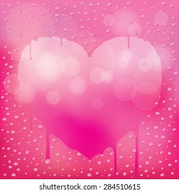 Water Drops on Glass Pink Blur Background with Heart Shape Space, Rainy Season, Monsoon