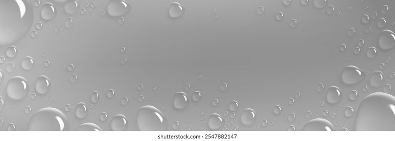 A água cai sobre um fundo cinza. Ilustração realista de vetor de janela úmida ou parede coberta com gotículas de chuva, efeito de spray de água na superfície, soro de umidade cosmética ou textura de bolhas de gel, condensação