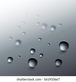 Water drops on a gray background. Round raindrops with shadows, inclined surface. Vector illustration