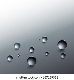 Water drops on a gray background. Round raindrops with shadows, inclined surface. Vector illustration