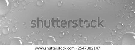 Water drops on gray background. Vector realistic illustration of wet window or wall covered with rain droplets, aqua spray effect on surface, cosmetic moisture serum or gel blobs texture, condensation