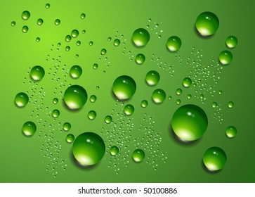 Water drops on green background, vector.