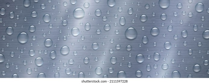 Water drops on metal background. Rain droplets with light reflection on grey metallic surface. Abstract condensation wet texture, scattered pure aqua blobs pattern, Realistic 3d vector illustration