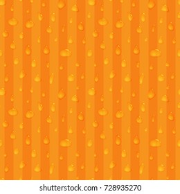 Water drops on orange striped background. Transparent drop seamless pattern. Realistic design for wrapping paper, paper packaging, party invitations, greeting card. Vector illustration.